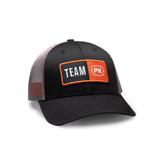 PK Team PK Hat, black and gray trucker cap with embroidered patch reading 'TEAM PK' in white and orange text, stylish and adjustable for sports fans and team supporters.