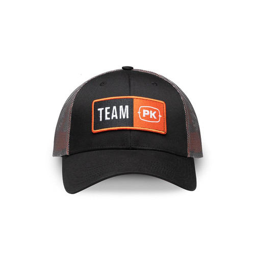 PK Team PK Hat, black and grey baseball cap with embroidered patch on front reading 'TEAM PK' in orange and white, adjustable mesh back for comfortable fit.