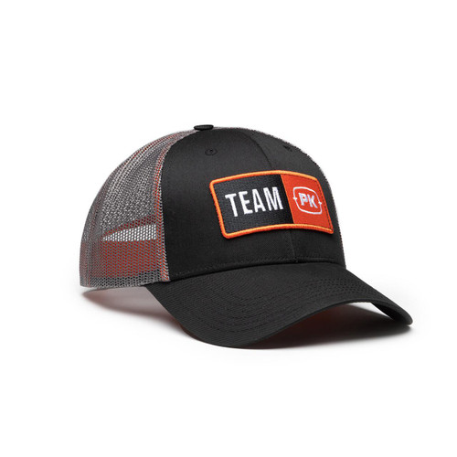 PK Team PK Hat, black and gray trucker cap with mesh back and embroidered patch logo.
