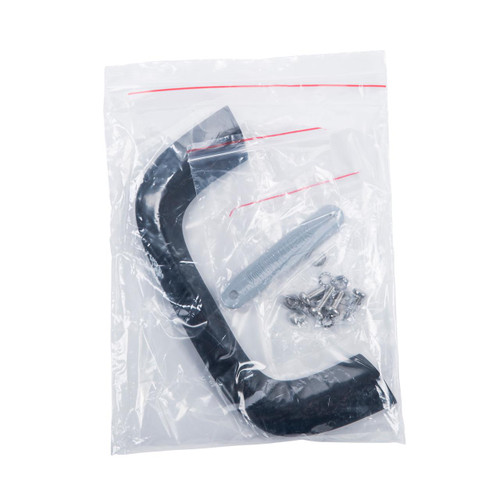 PKTX Replacement Handle & Hardware Kit, black replacement handle and screws in clear plastic bag for door or window hardware repair.