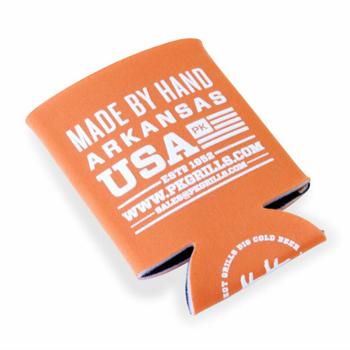 Portable Beer Drink Koozie set of 2, orange foam beer insulators with white printed text and graphics for keeping beverages cold.