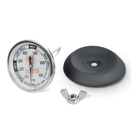 Tel-Tru The PK BBQ Thermometer by Tel-Tru, showing the thermometer with a dial displaying temperature ranges and a probe, along with its mounting accessories.